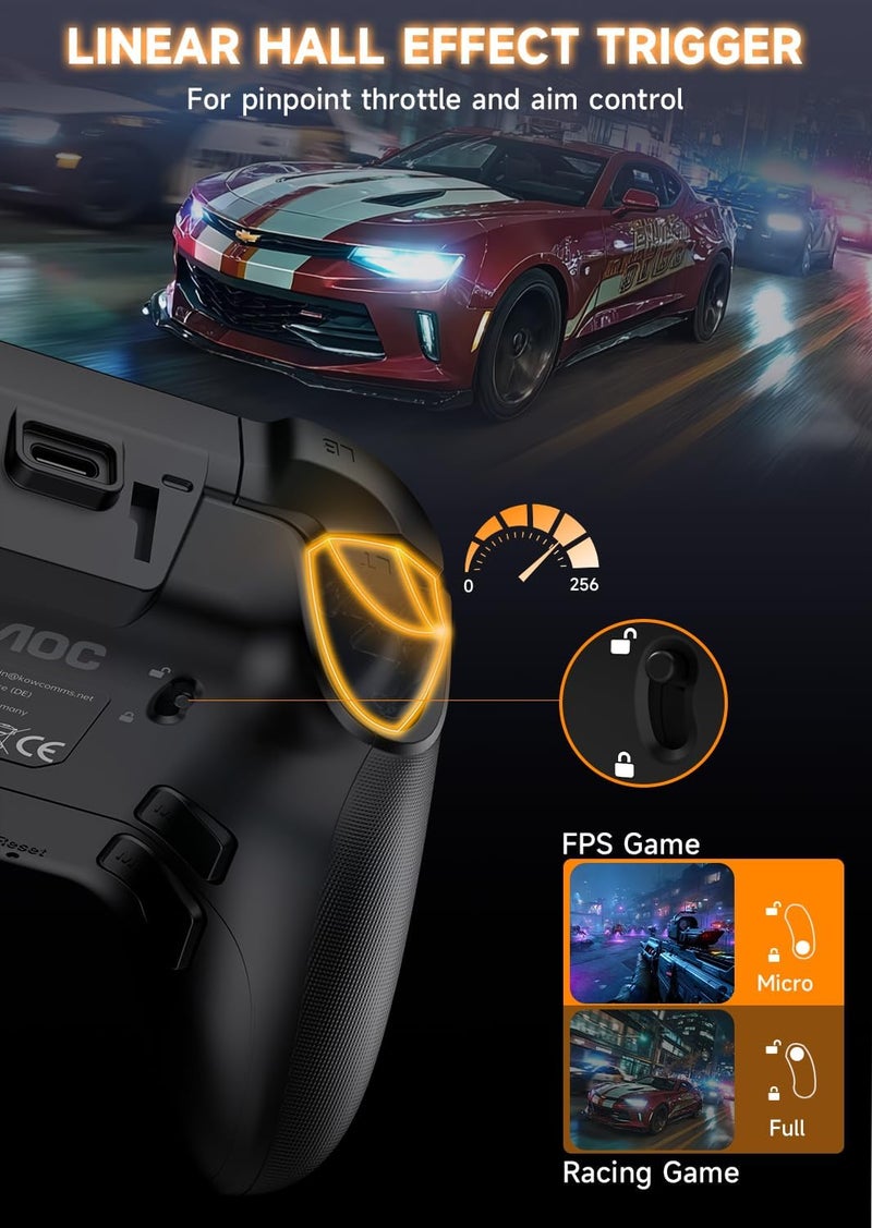 AOC وحدة تحكم الكمبيوتر — وحدة تحكم لاسلكية للشاشة التفاعلية متوافقة مع الكمبيوتر/Switch/Switch 2/iOS/Android، عصا تحكم وتأثير هول، إضاءة RGB، اهتزاز قابل للتعديل/تيربو، بطارية 1000mAh (أسود) - Image 5